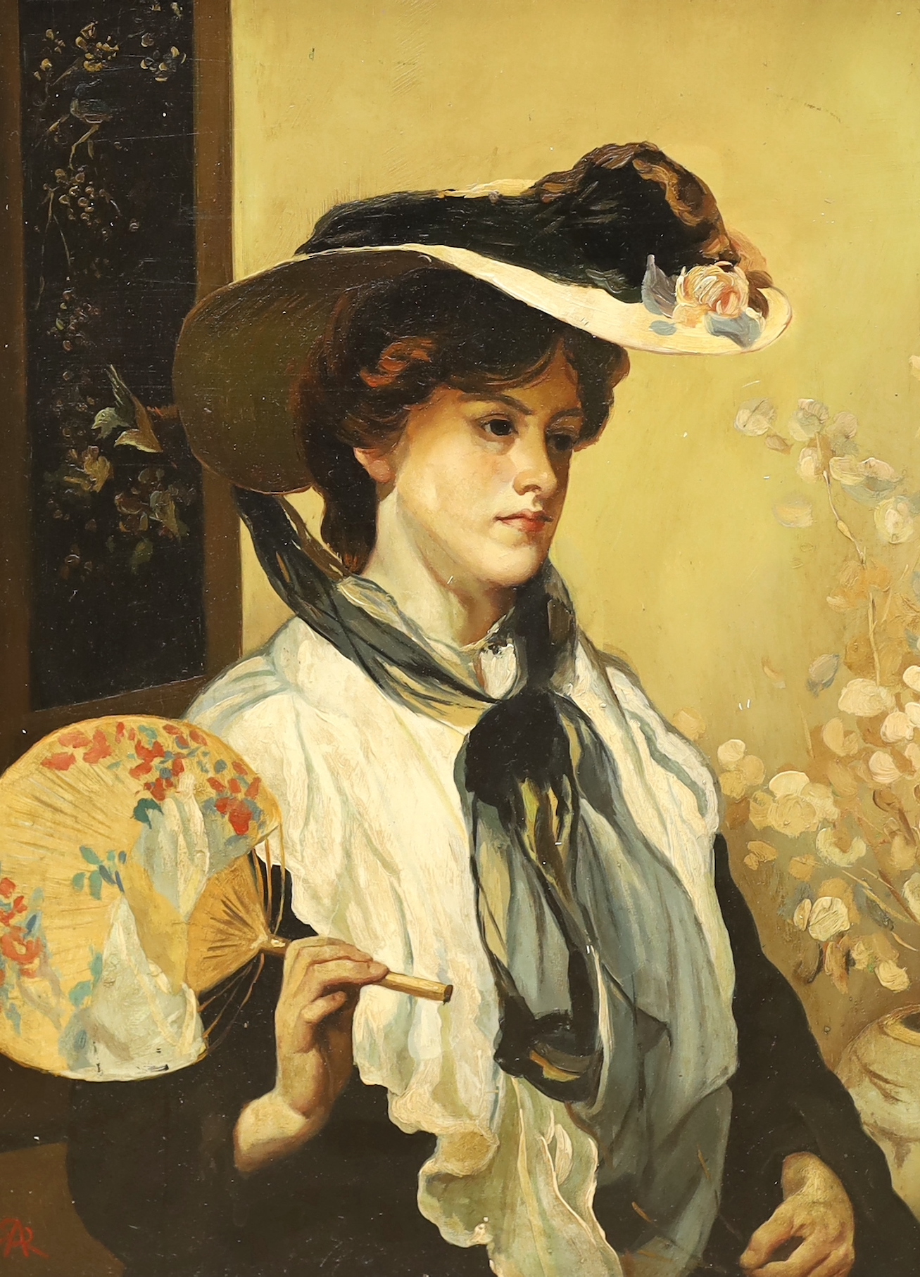 After Walter Ernest Webster (1878-1959), oil on board, Portrait of a lady holding a Japanese fan, 38 x 28cm